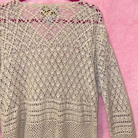 Vintage 90s Tiara Crochet Cardigan Longsleeve Nautical Beige Cream Taupe XL Fest - Picture 12 of 12